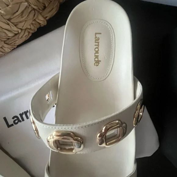 Larroude Milan Cream Slide Sandals with Gold Accents - Picture 2 of 9